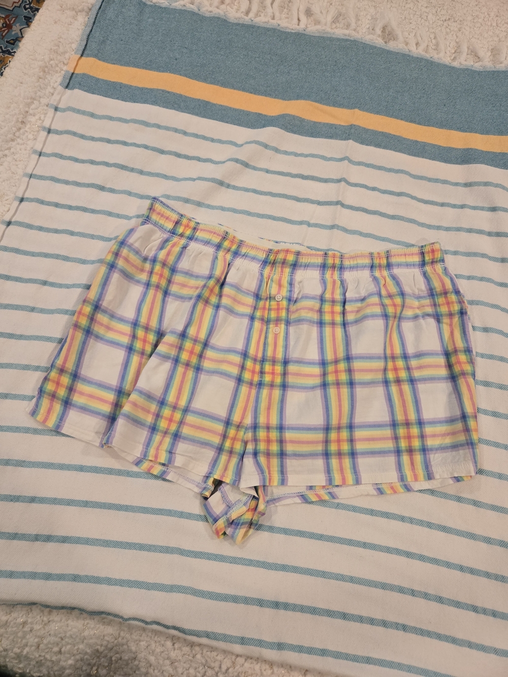 Colsie Plaid Cotton Pajama Shorts - White with Yellow, Pink, Purple, Blue